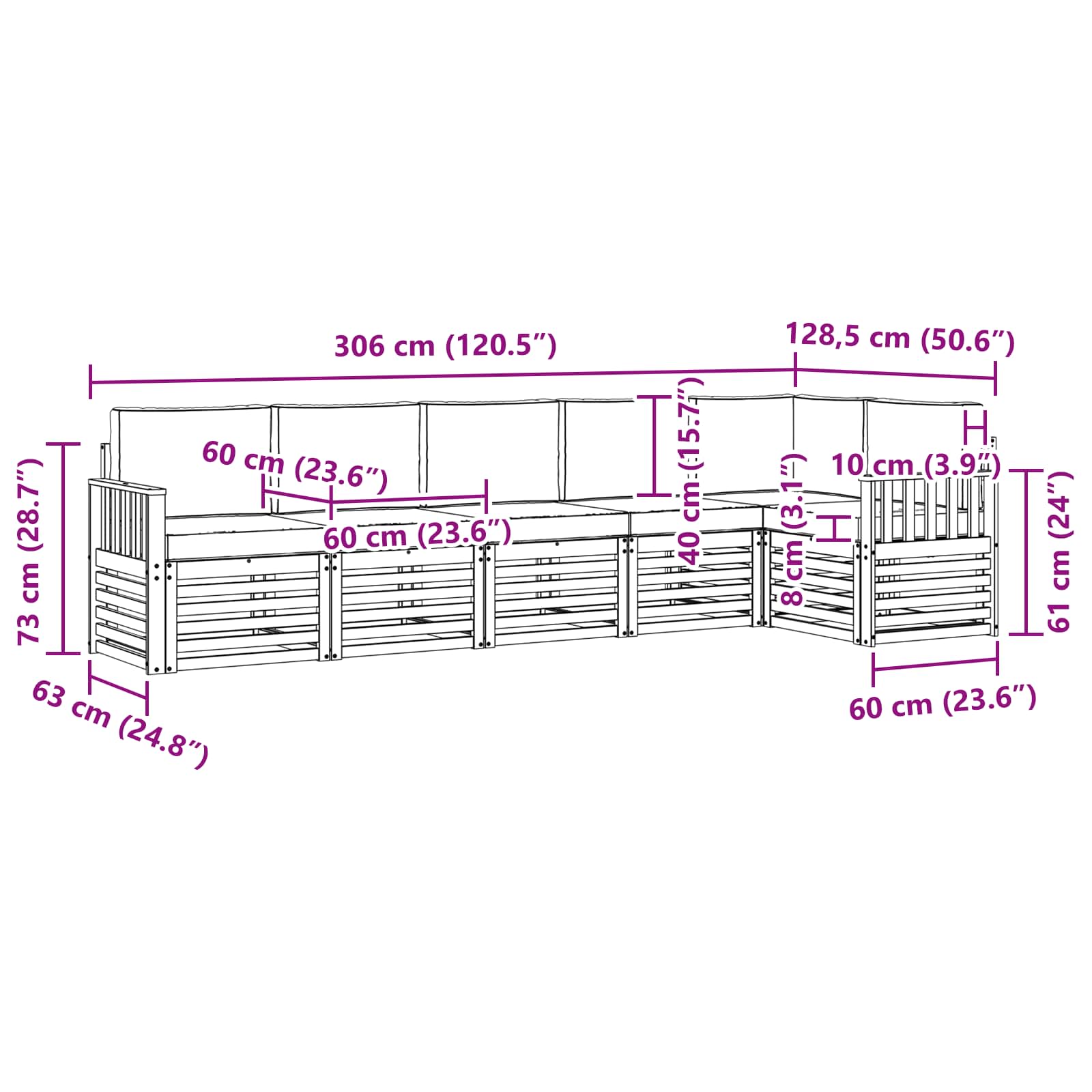 Set vanjskih sofa 6 pcs Bijela i bež 306 x 128,5 x 73 cm