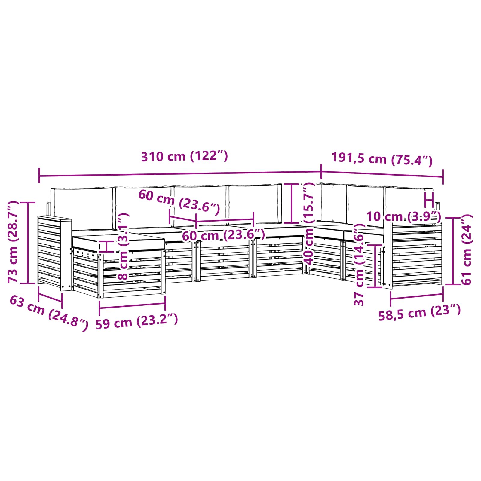 Set vanjskih sofa 8 pcs Bijela i bež 310 x 191,5 x 73 cm