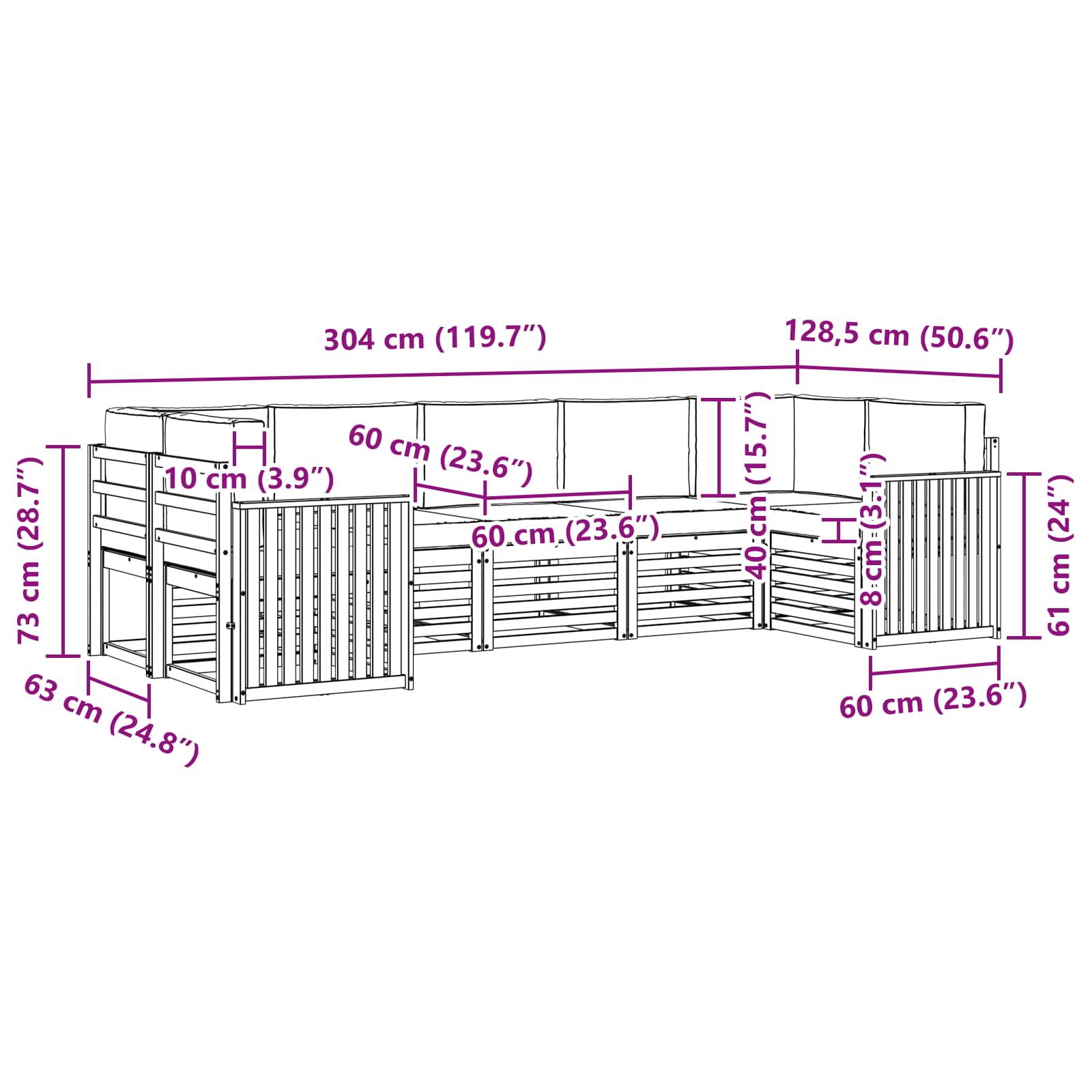 Set vanjskih sofa 7 pcs Bijela i bež 304 x 128,5 x 73 cm