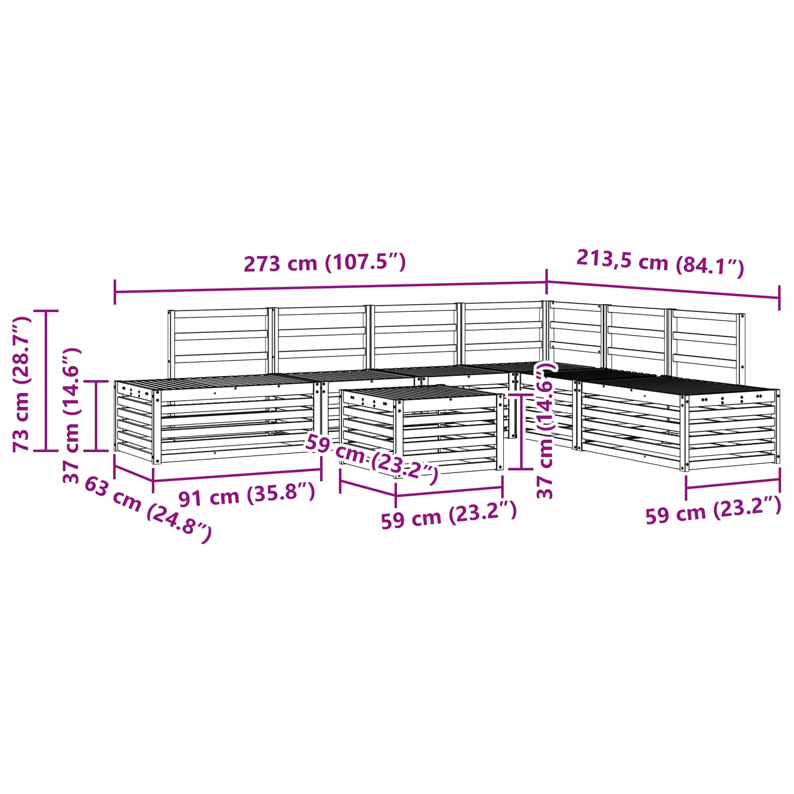 7 pcs Set vanjskih sofa Čvrsto drvo akacije Bijela