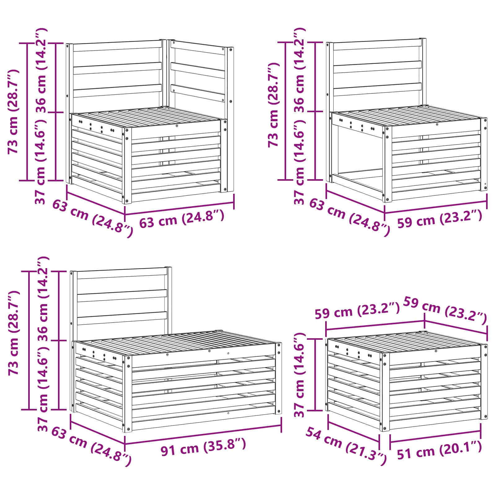 7 pcs Set vanjskih sofa Čvrsto drvo akacije Bijela