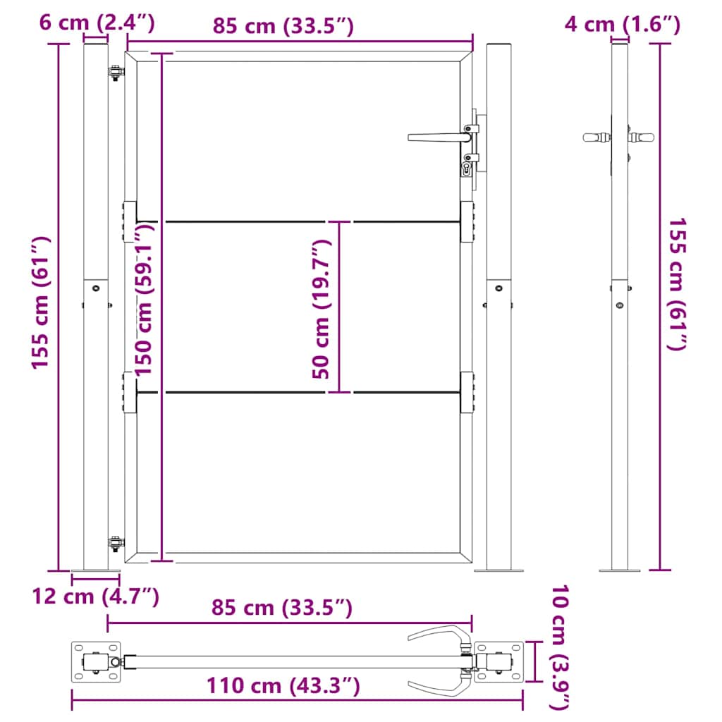 Vrtna vrata Crna 110 x 155 cm Čelik s prahom premazan