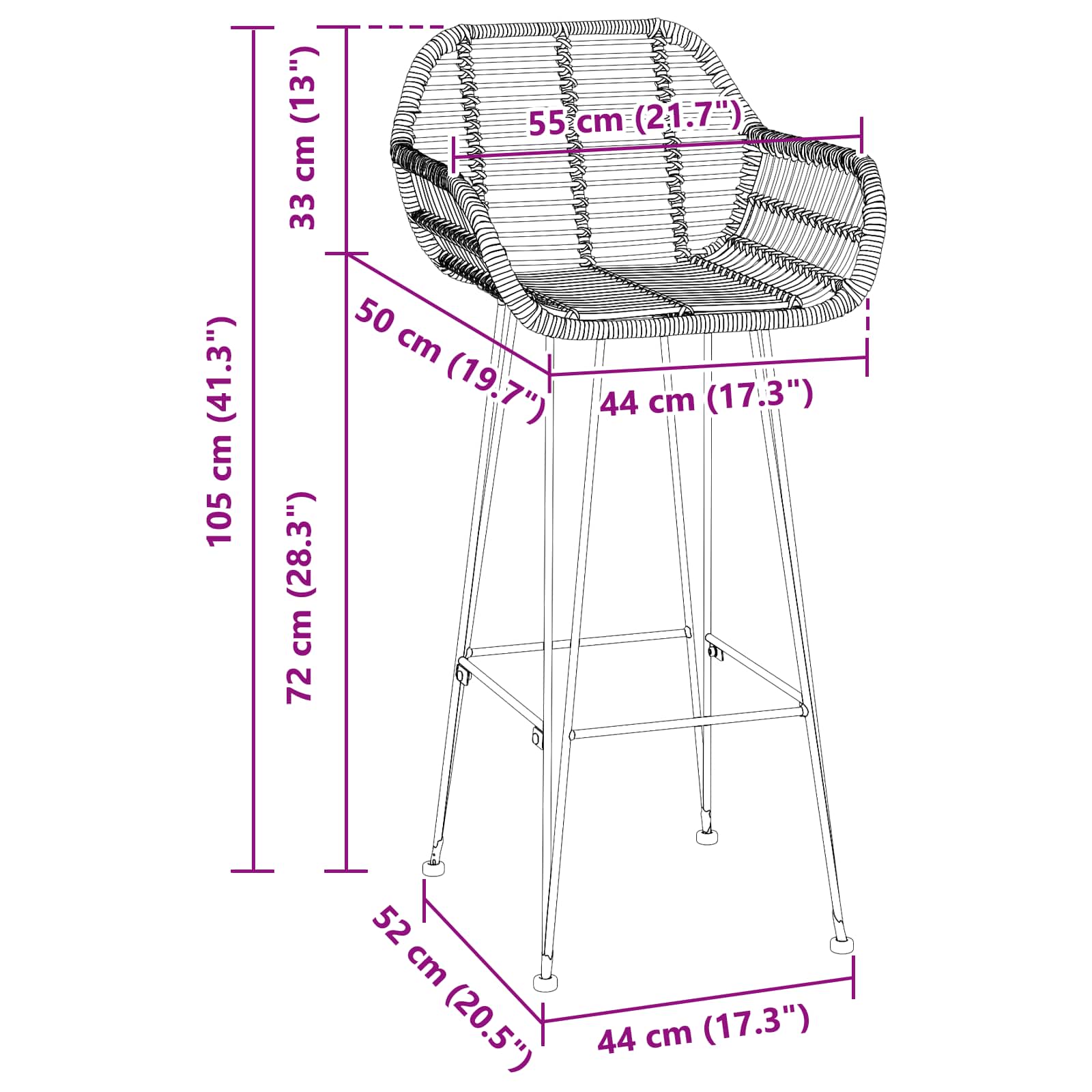 Barski stolac 2 pcs 55 x 52 x 105 cm Ratan i čelik