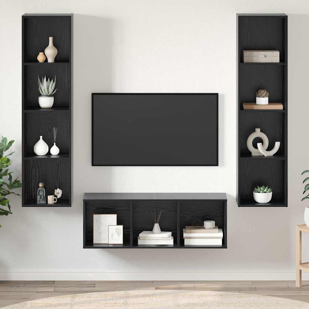 Set TV komoda 3 kom. Crni hrast Konstruirano drvo Crna 37 x 37 x 142,5 cm