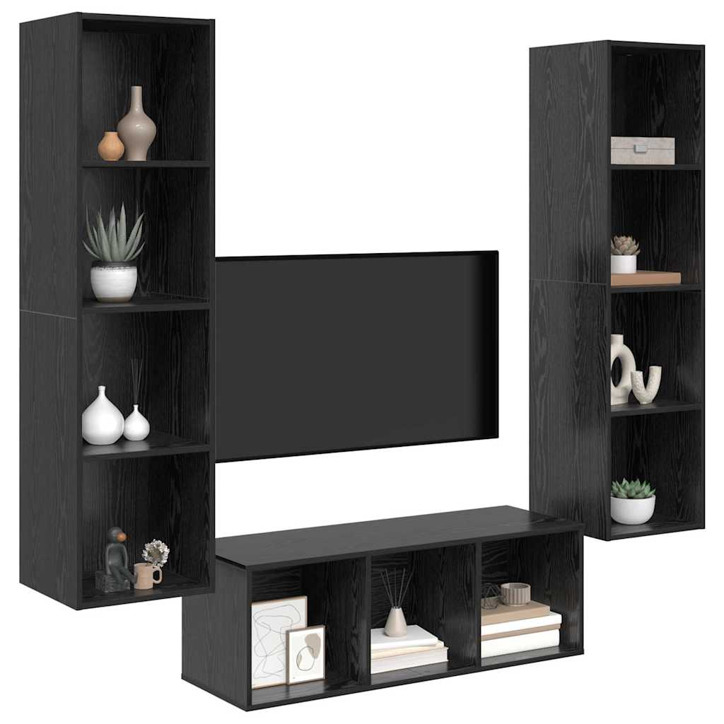 Set TV komoda 3 kom. Crni hrast Konstruirano drvo Crna 37 x 37 x 142,5 cm