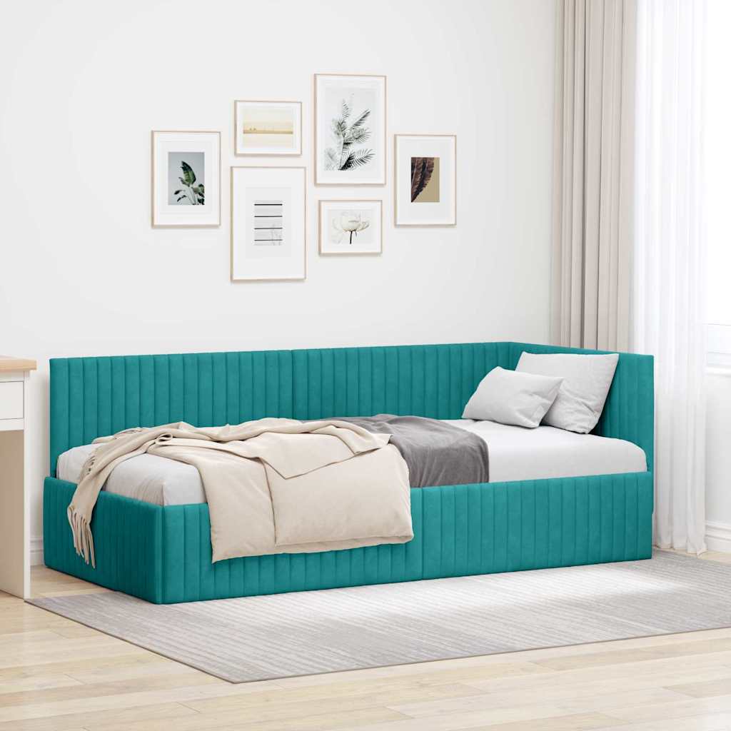 Kutni okvir kreveta s uzglavljem Tirkizna 90 cm x 200 cm Baršun