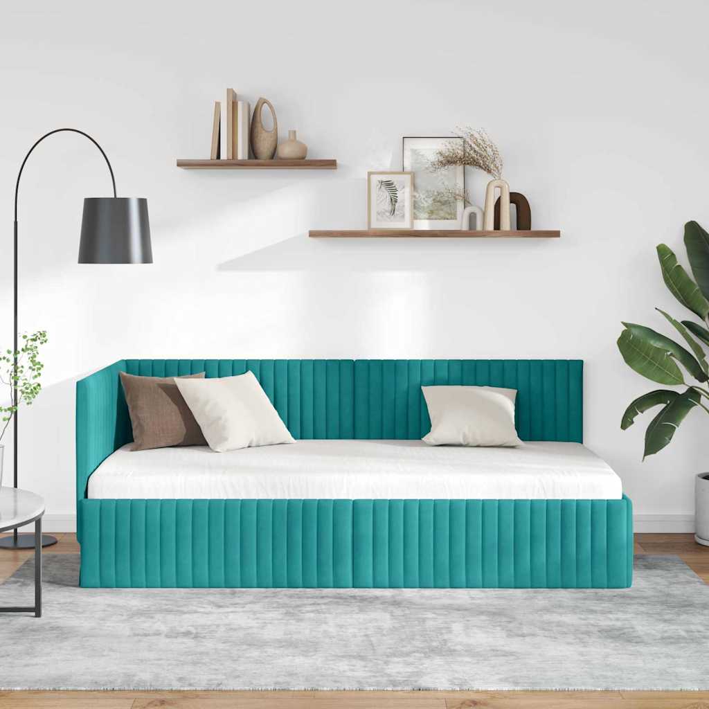 Kutni okvir kreveta s uzglavljem Tirkizna 90 cm x 200 cm Baršun