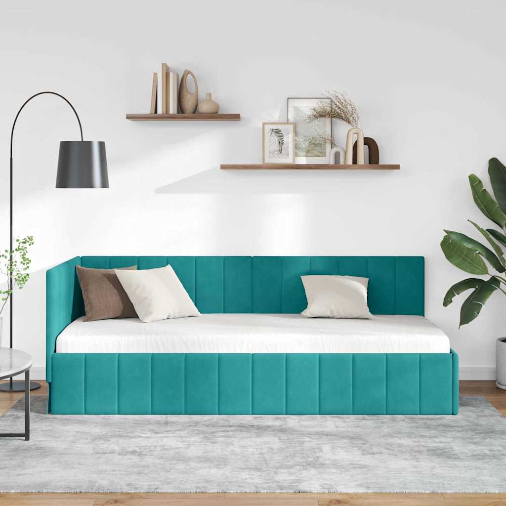 Kutni okvir kreveta s uzglavljem Tirkizna 80 cm x 200 cm Baršun