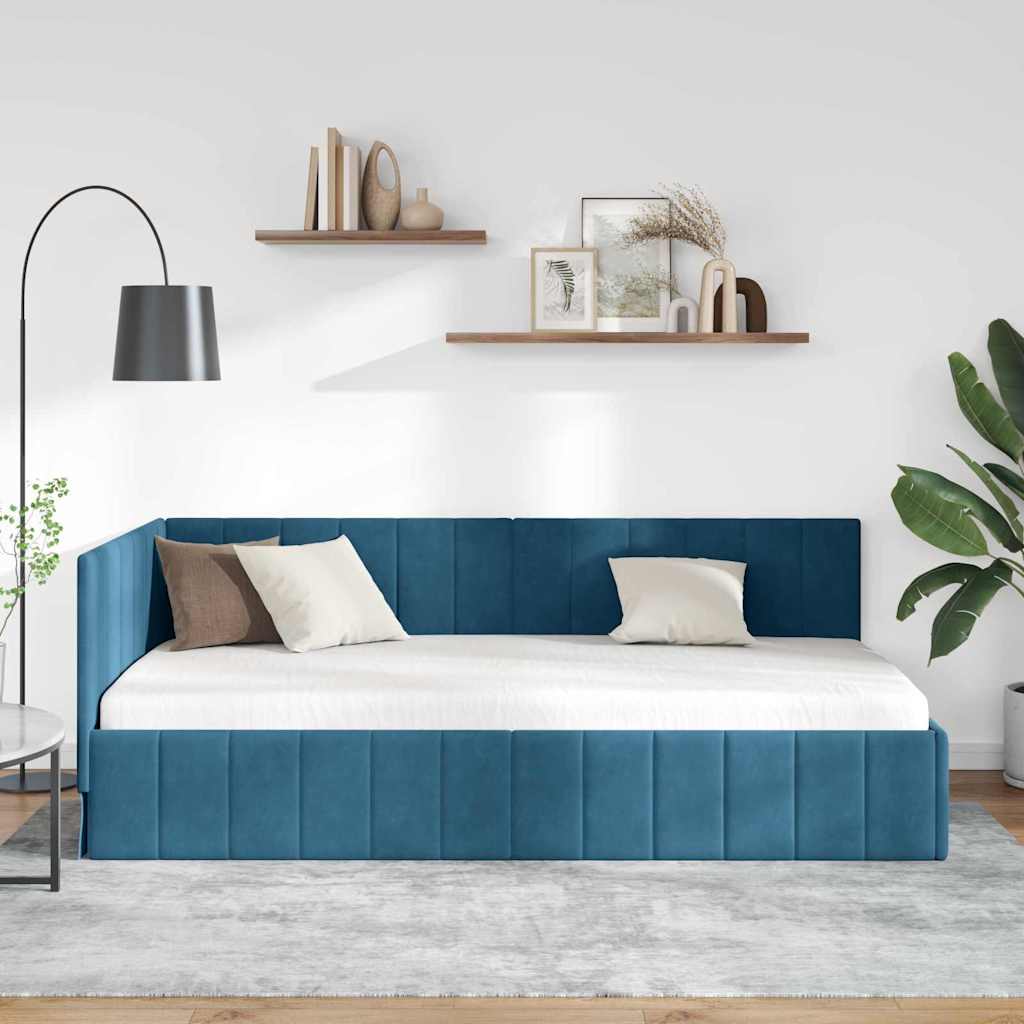 Kutni okvir kreveta s uzglavljem Plava 100 cm x 200 cm Baršun