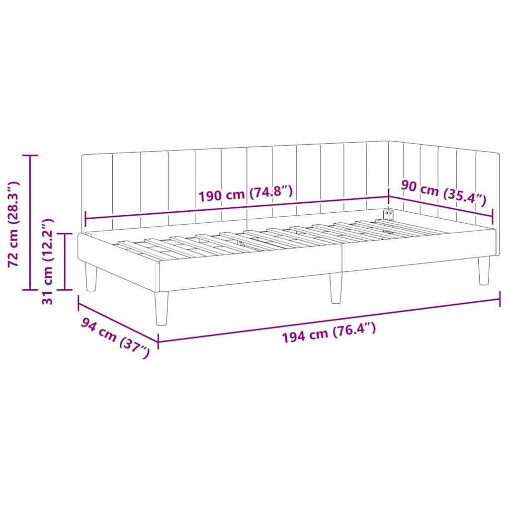 Kutni okvir kreveta s uzglavljem Plava 90 cm x 190 cm Baršun