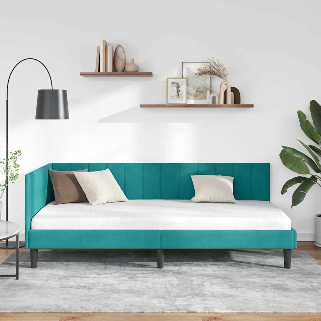 Kutni okvir kreveta s uzglavljem Tirkizna 90 cm x 190 cm Baršun