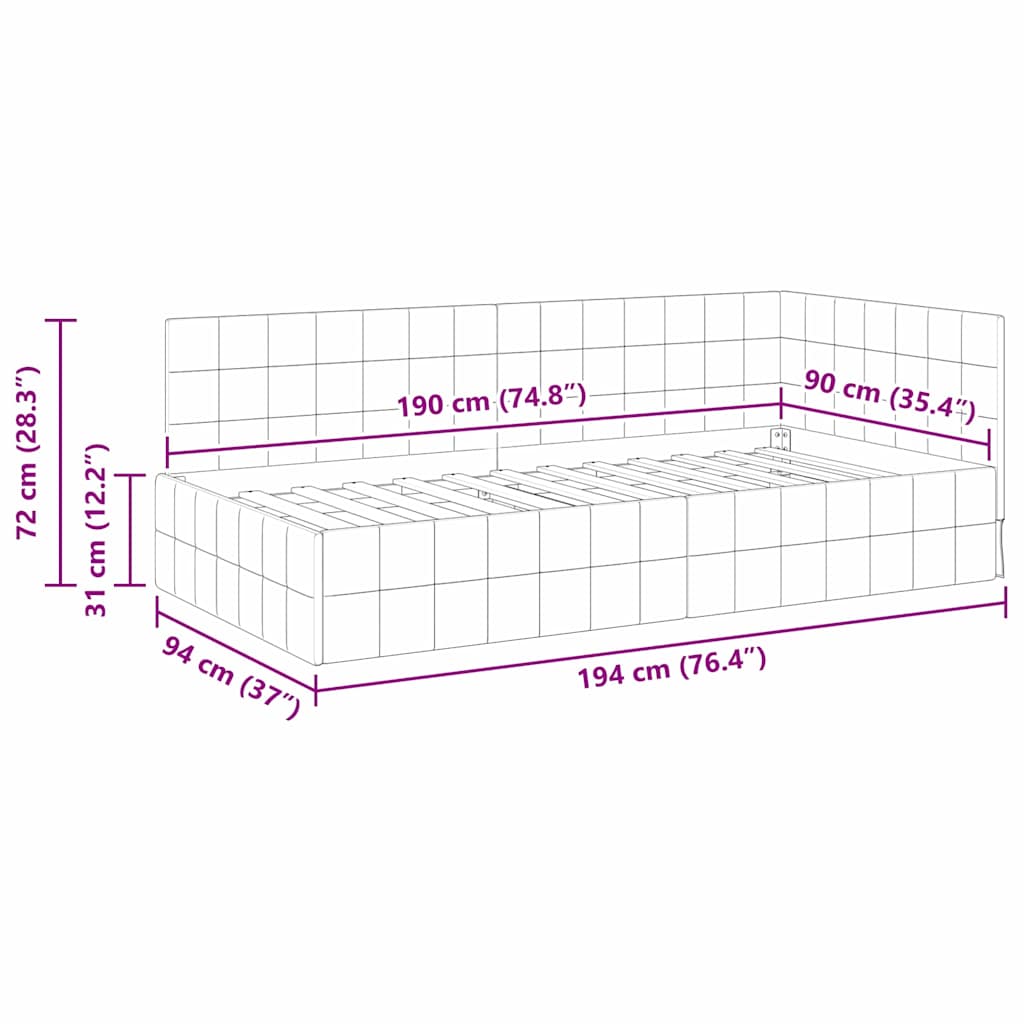 Kutni okvir kreveta s uzglavljem Plava 90 cm x 190 cm Baršun