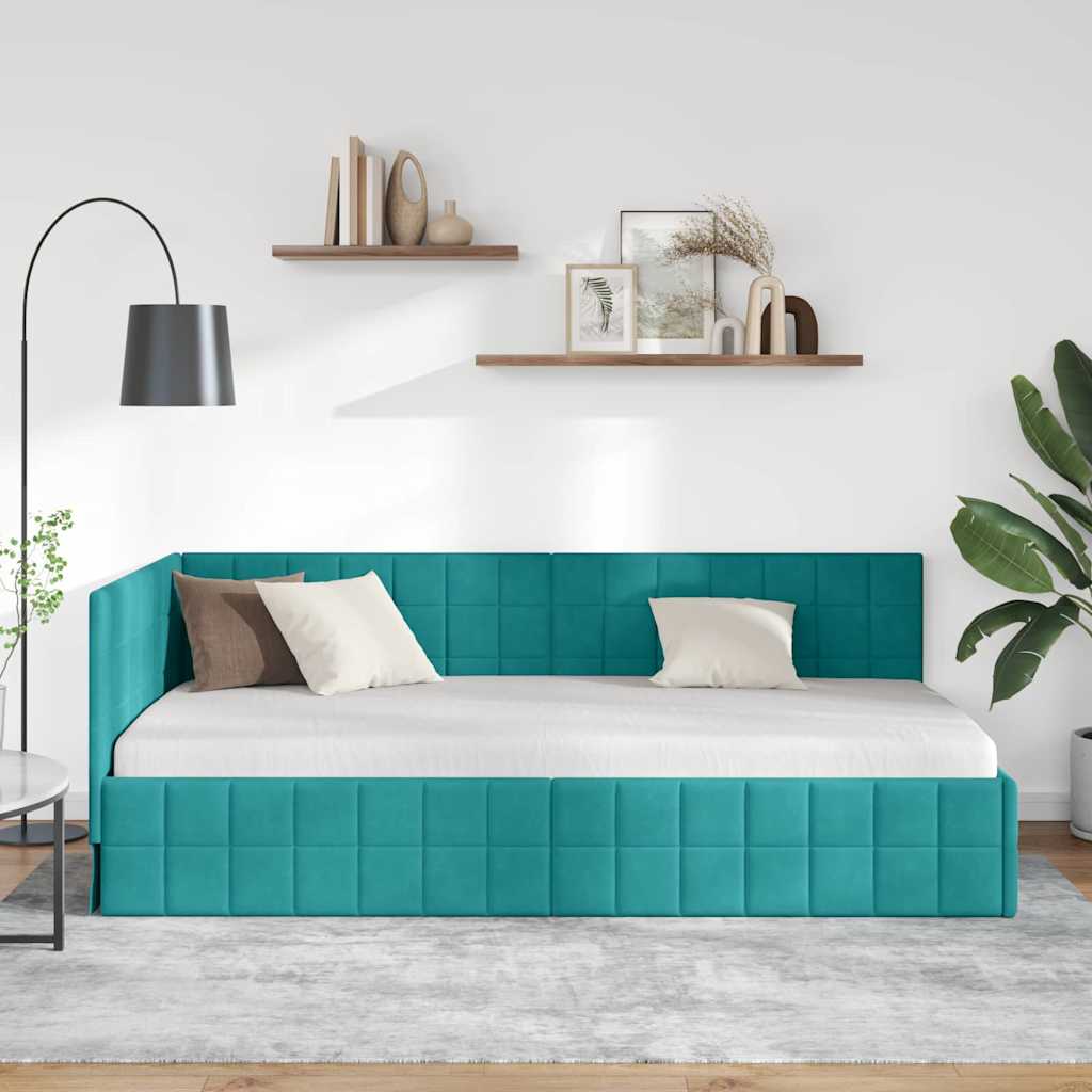Kutni okvir kreveta s uzglavljem Tirkizna 90 cm x 190 cm Baršun