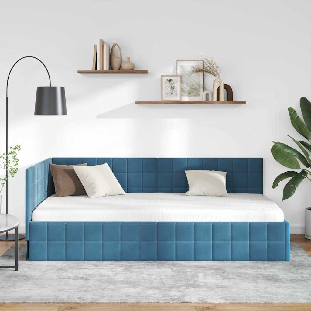 Kutni okvir kreveta s uzglavljem Plava 90 cm x 200 cm Baršun