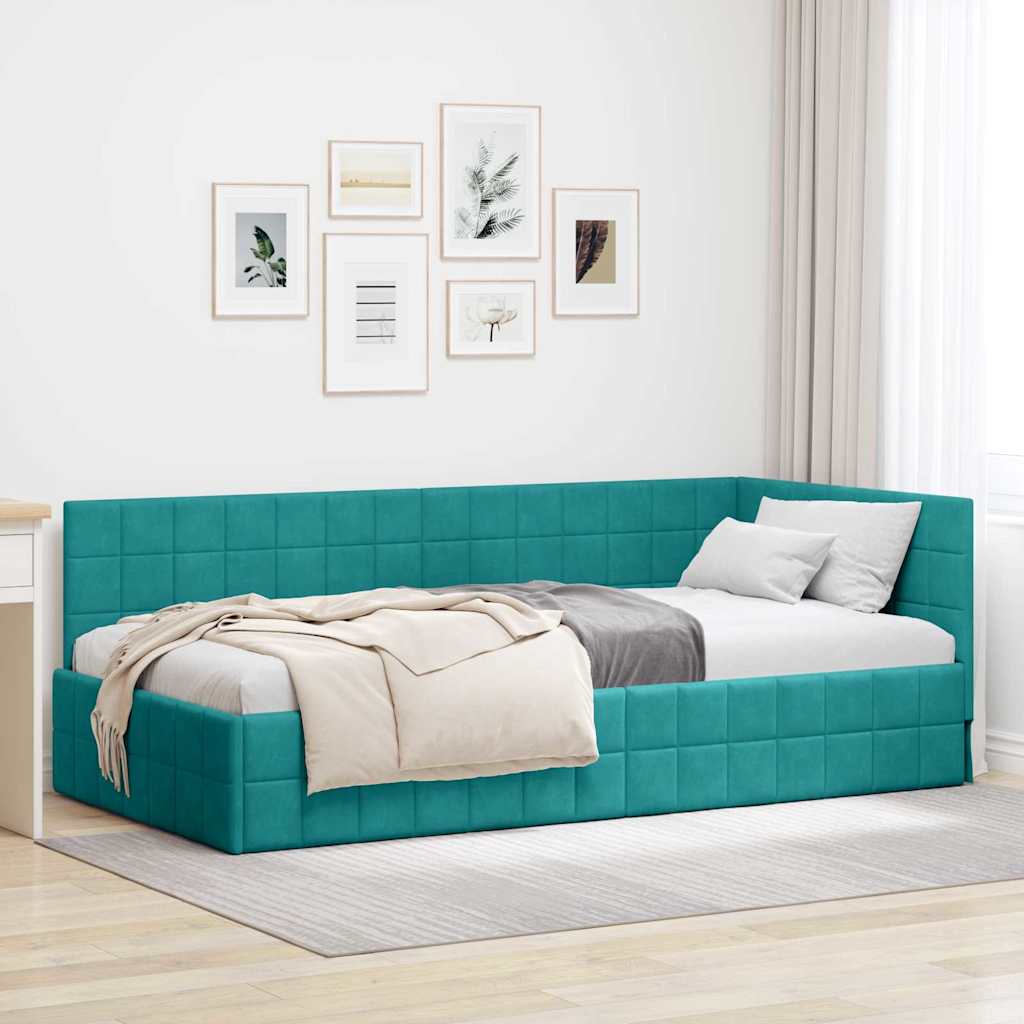 Kutni okvir kreveta s uzglavljem Tirkizna 90 cm x 200 cm Baršun