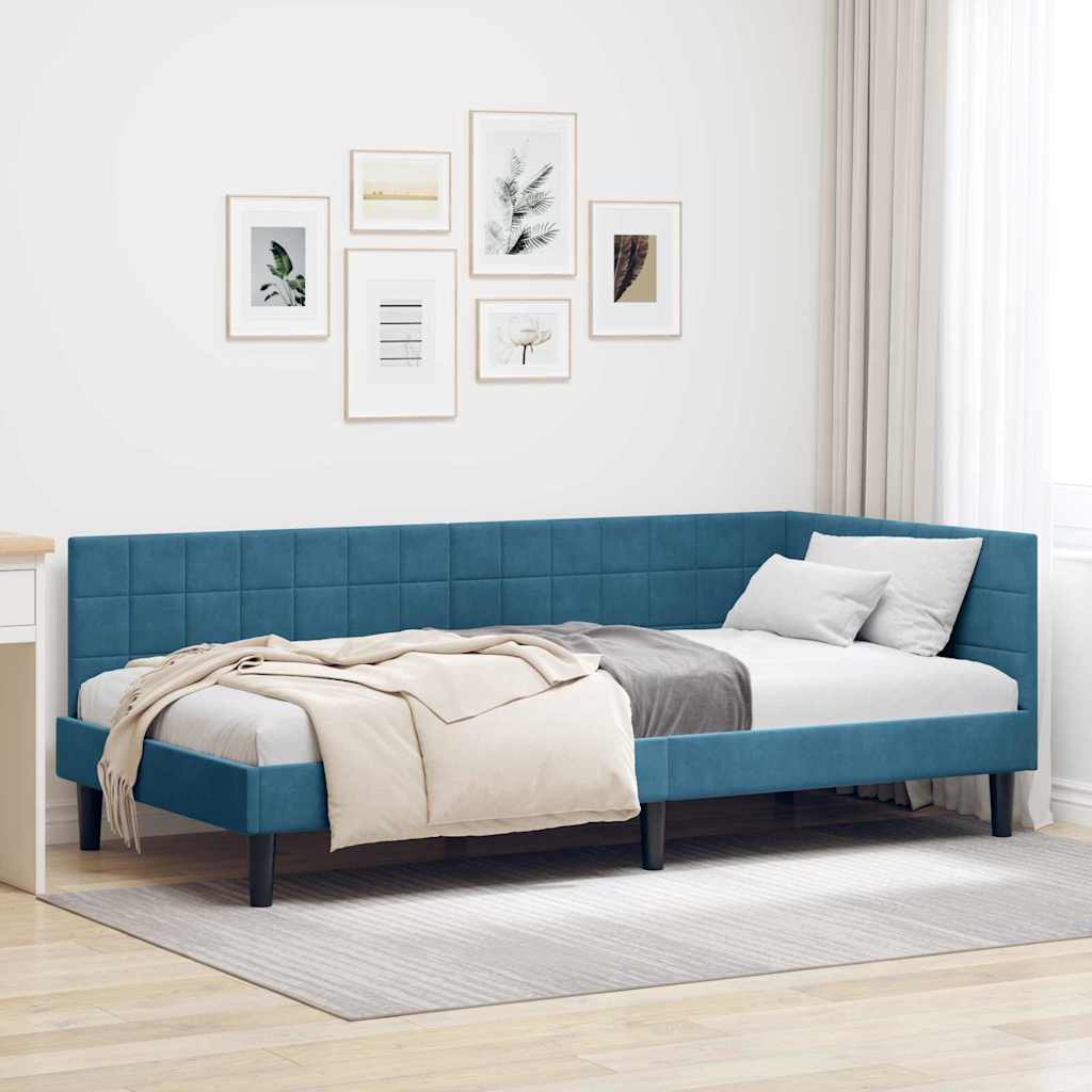 Kutni okvir kreveta s uzglavljem Plava 90 cm x 200 cm Baršun