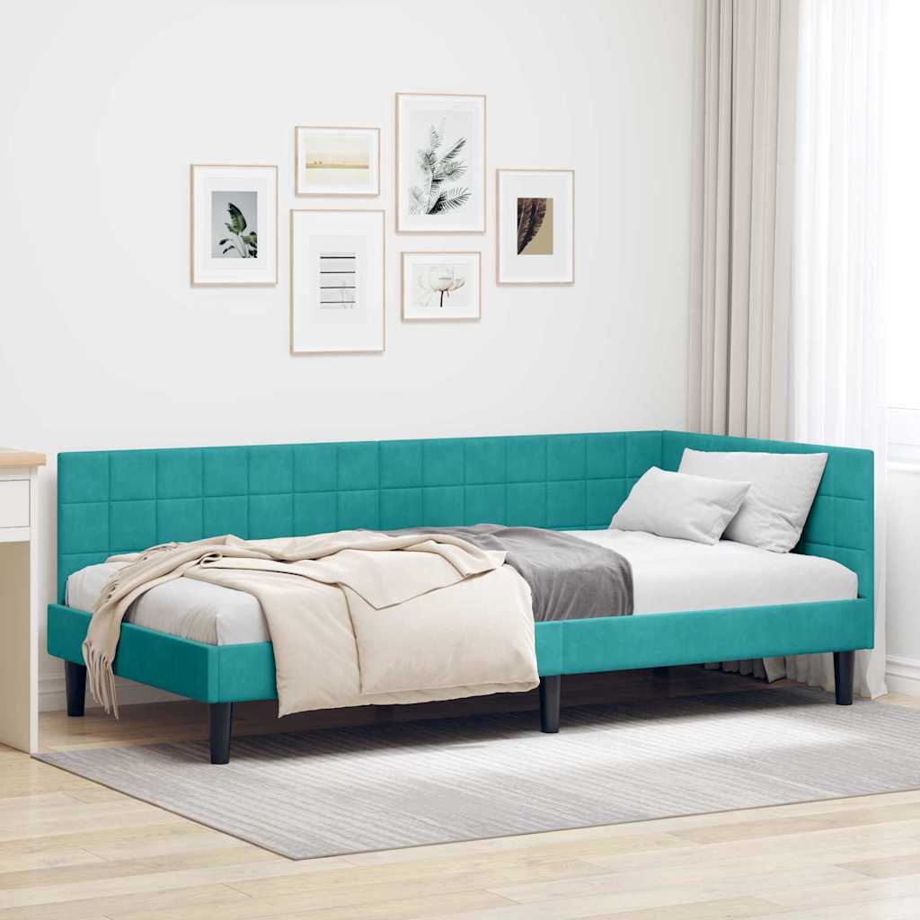 Kutni okvir kreveta s uzglavljem Tirkizna 90 cm x 200 cm Baršun