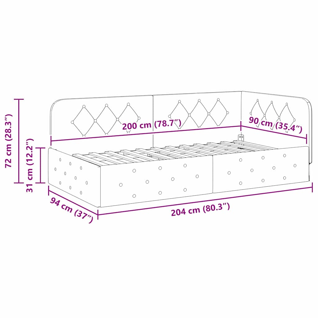 Kutni okvir kreveta Crna 90 x 200 cm Baršun