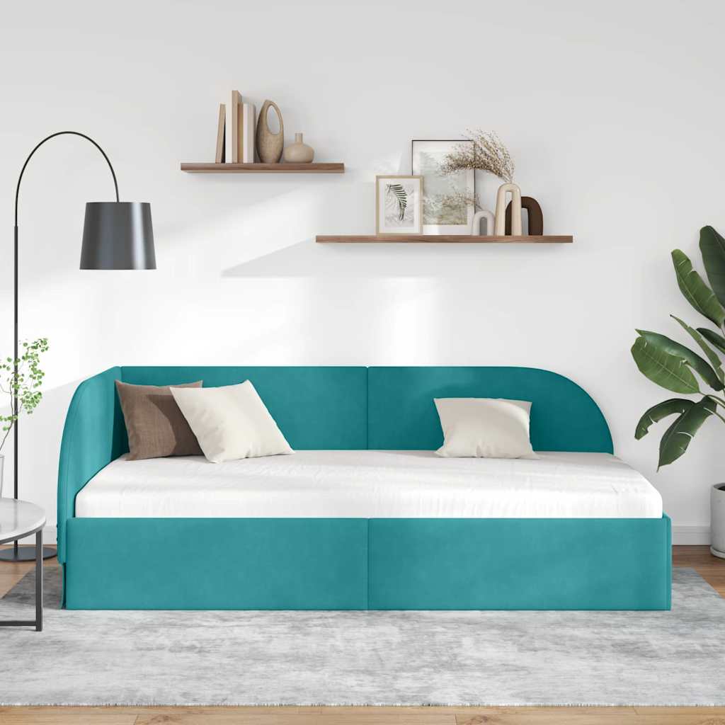 Kutni okvir kreveta s uzglavljem Tirkizna 90 cm x 200 cm Baršun