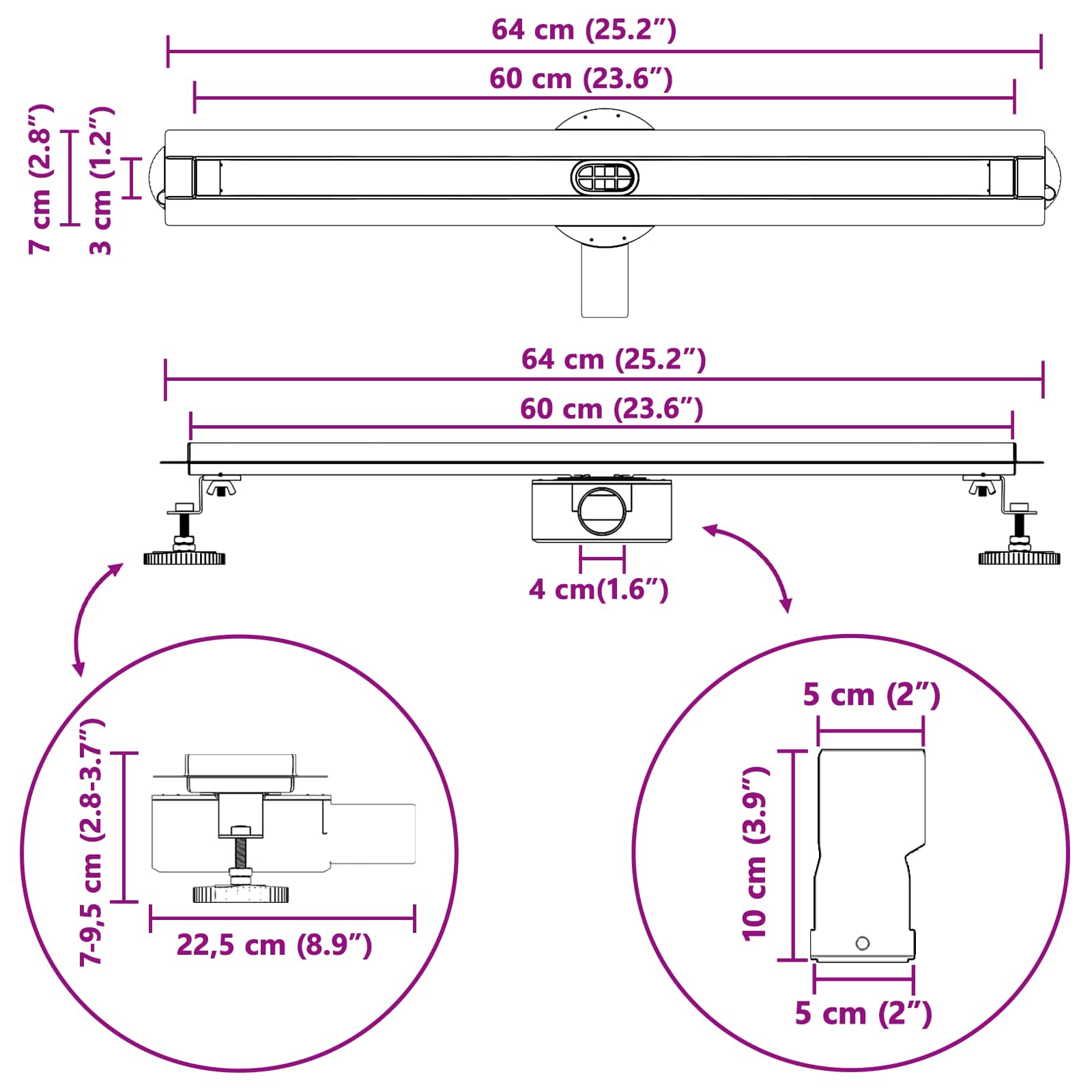 360° Odvod za tuširanje s tankim modelom Srebrno 60 cm