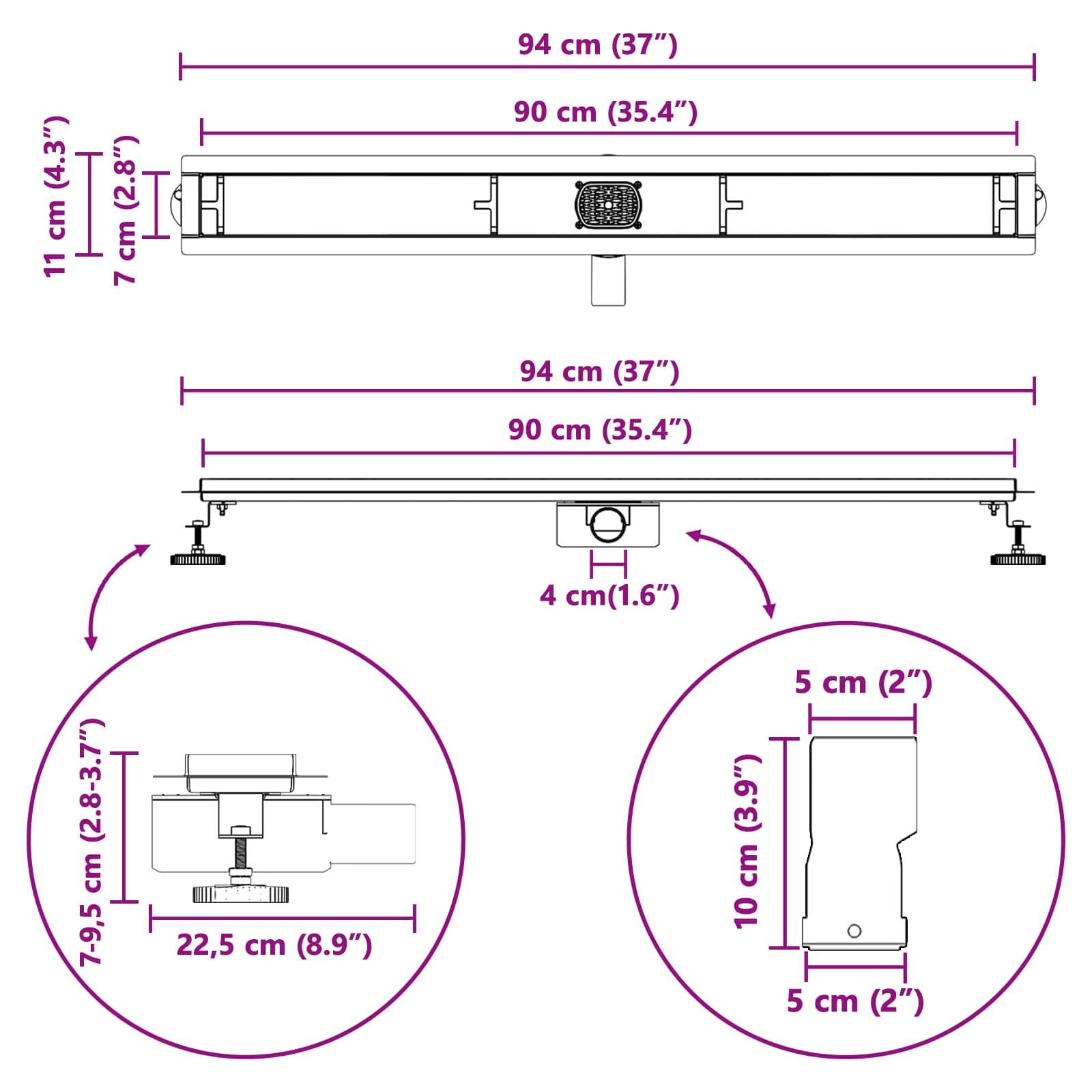 Tuš kanal 2-u-1 sa 360° sifonom Crna 90 cm Nehrđajući čelik 304