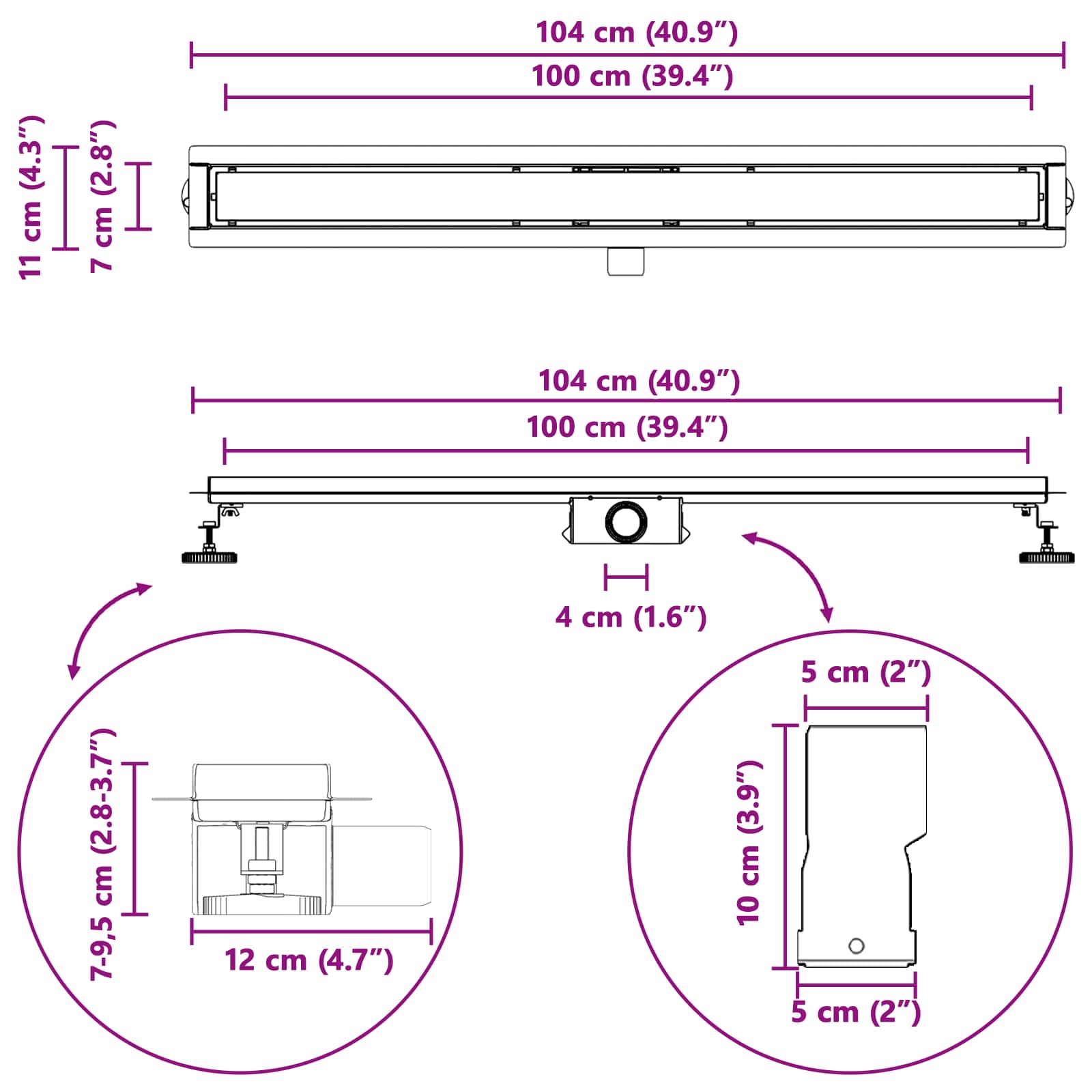 2 u 1 odvod za tuš Crna 100 cm Nehrđajući čelik 304