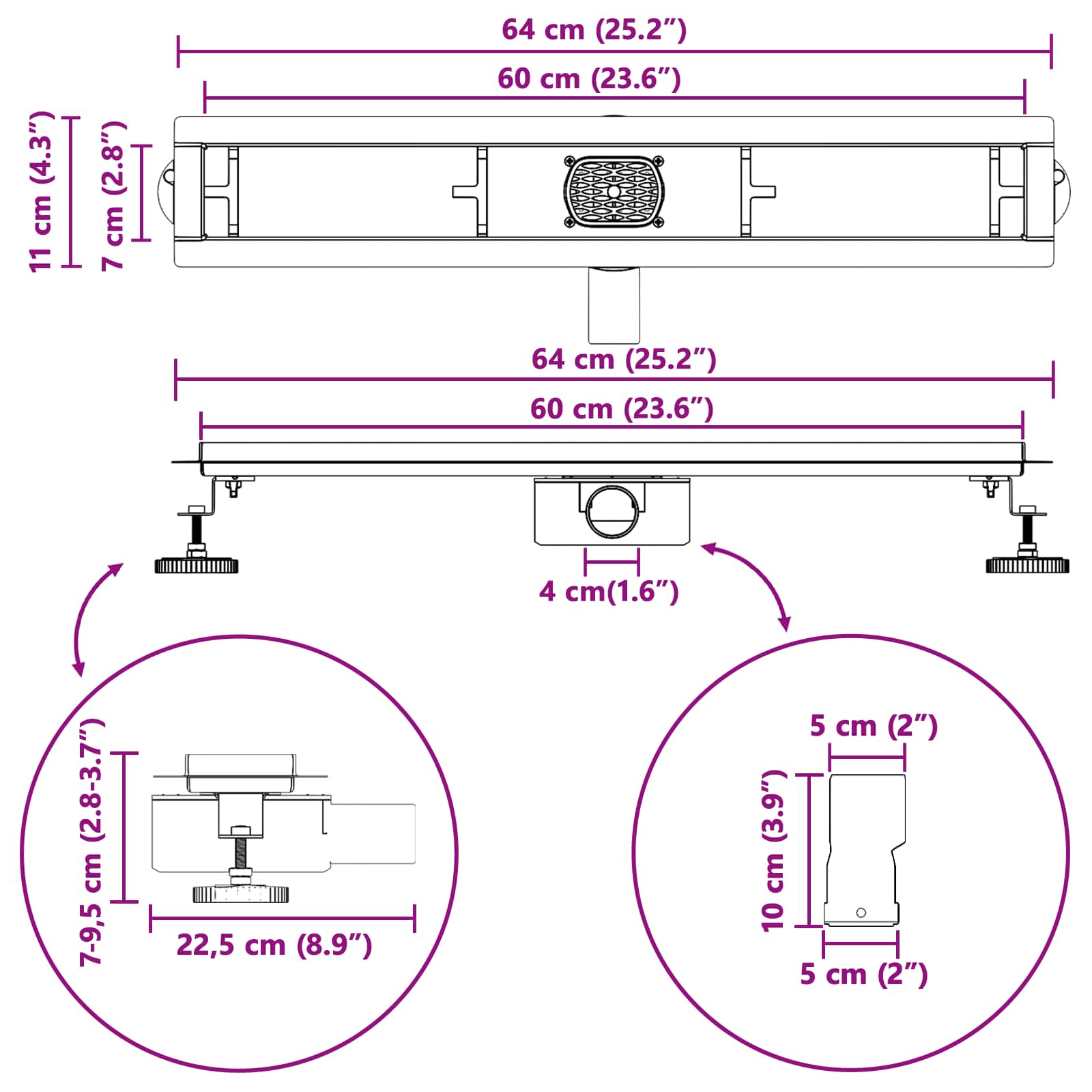 Tuš kanal 2-u-1 sa 360° sifonom Srebrno 60 cm