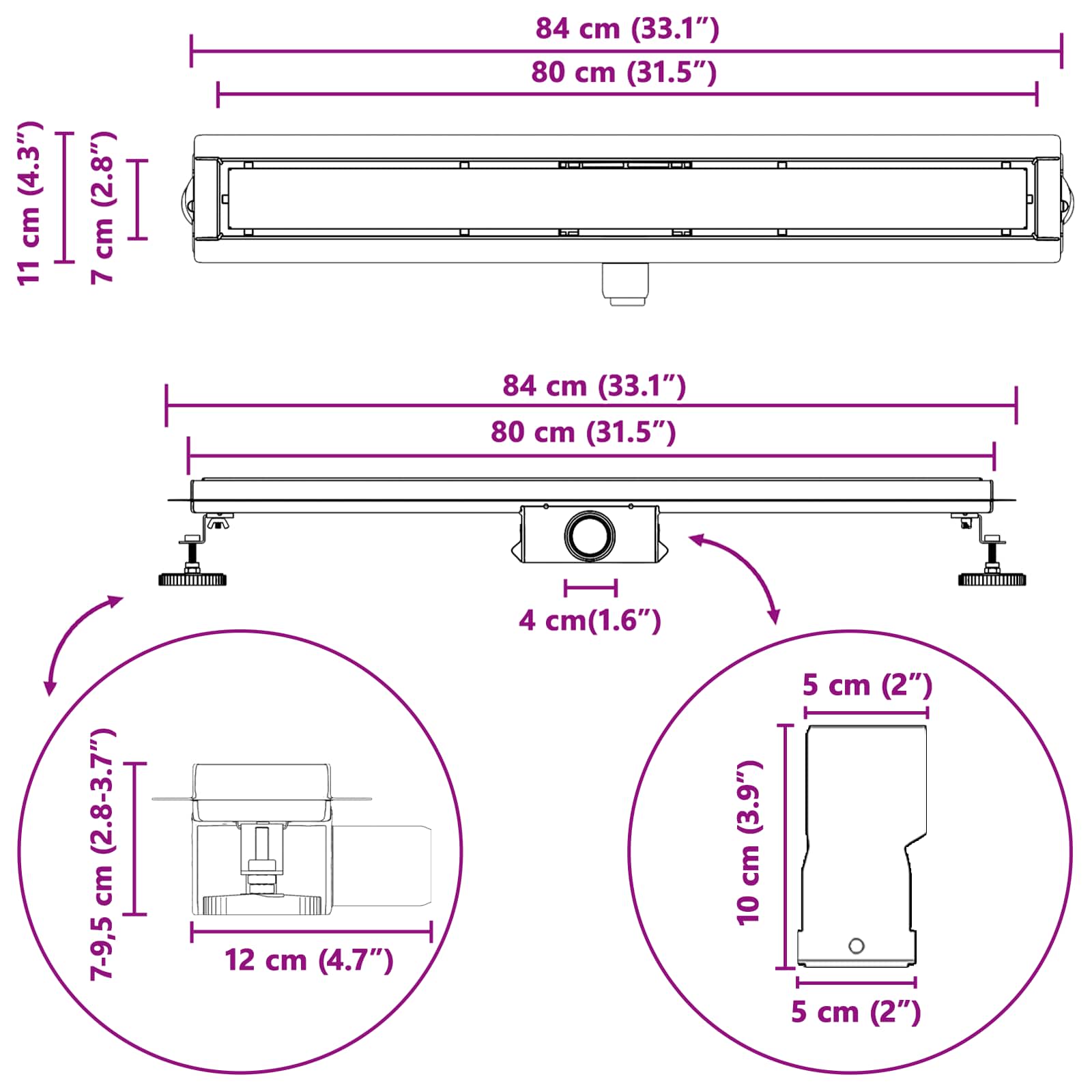 2 u 1 odvod za tuš Srebrno 80 cm Nehrđajući čelik 304