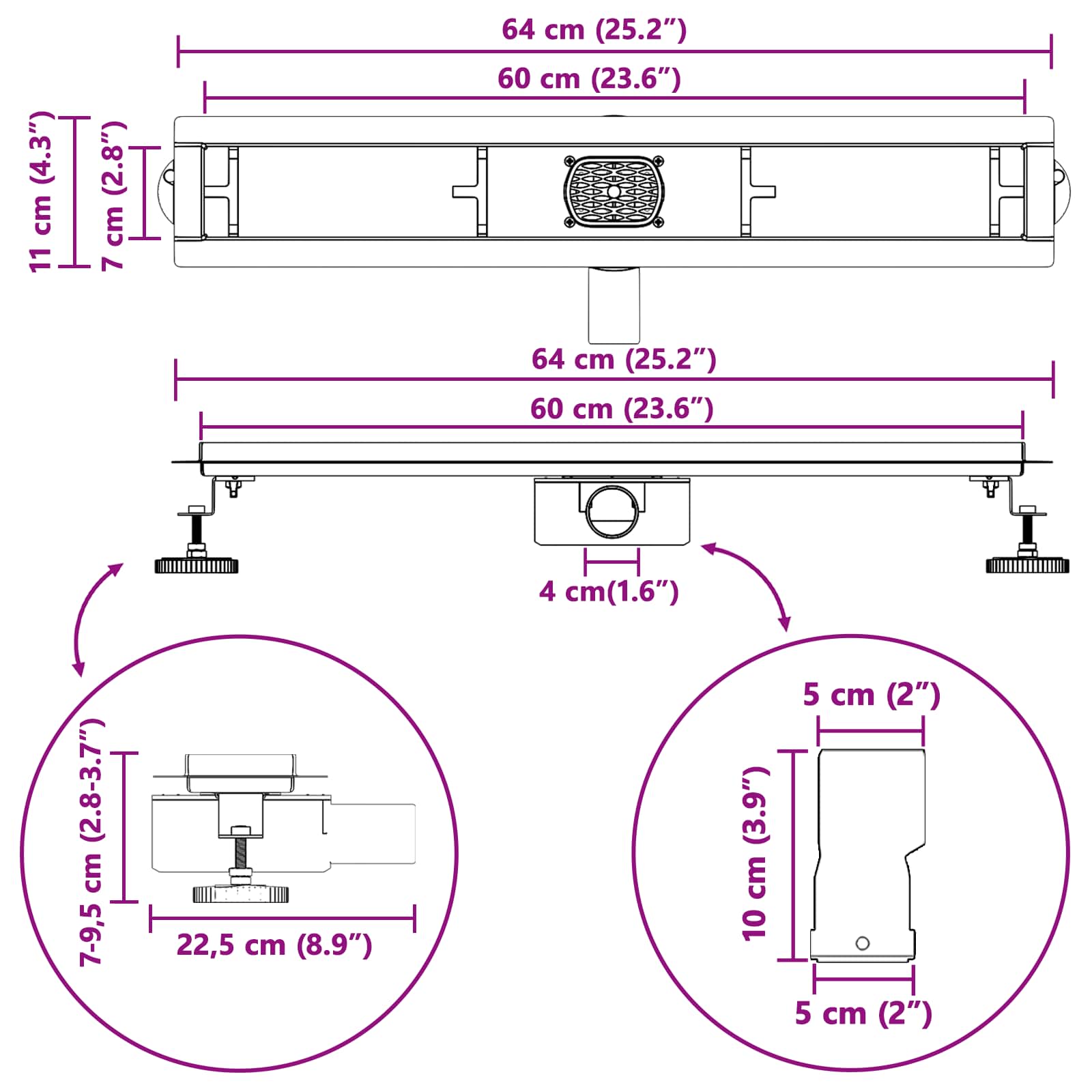 Tuš kanal 2-u-1 sa 360° sifonom Crna 60 cm Nehrđajući čelik 304