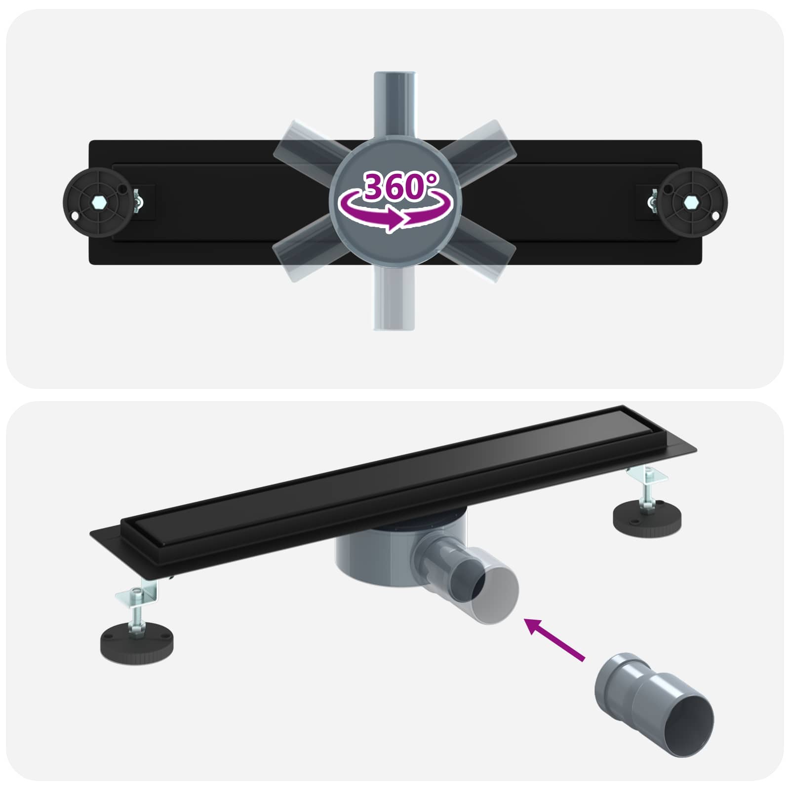 Tuš kanal 2-u-1 sa 360° sifonom Crna 50 cm Nehrđajući čelik 304