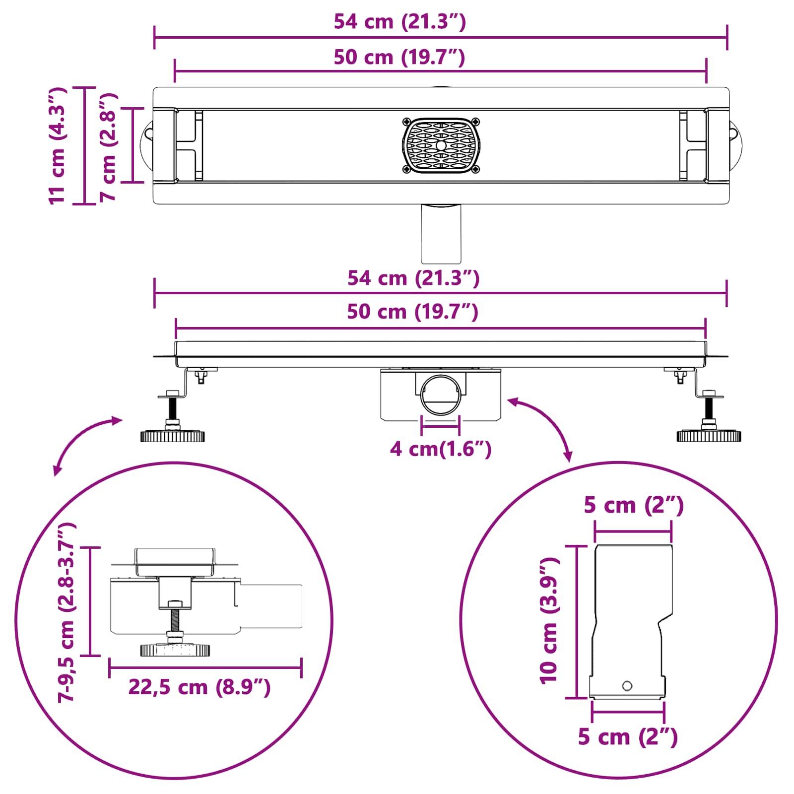 Tuš kanal 2-u-1 sa 360° sifonom Crna 50 cm Nehrđajući čelik 304