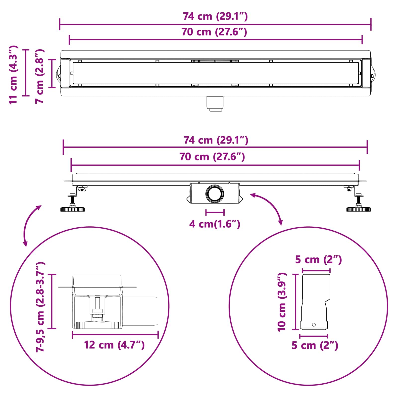 2 u 1 odvod za tuš Srebrno 70 cm Nehrđajući čelik 304