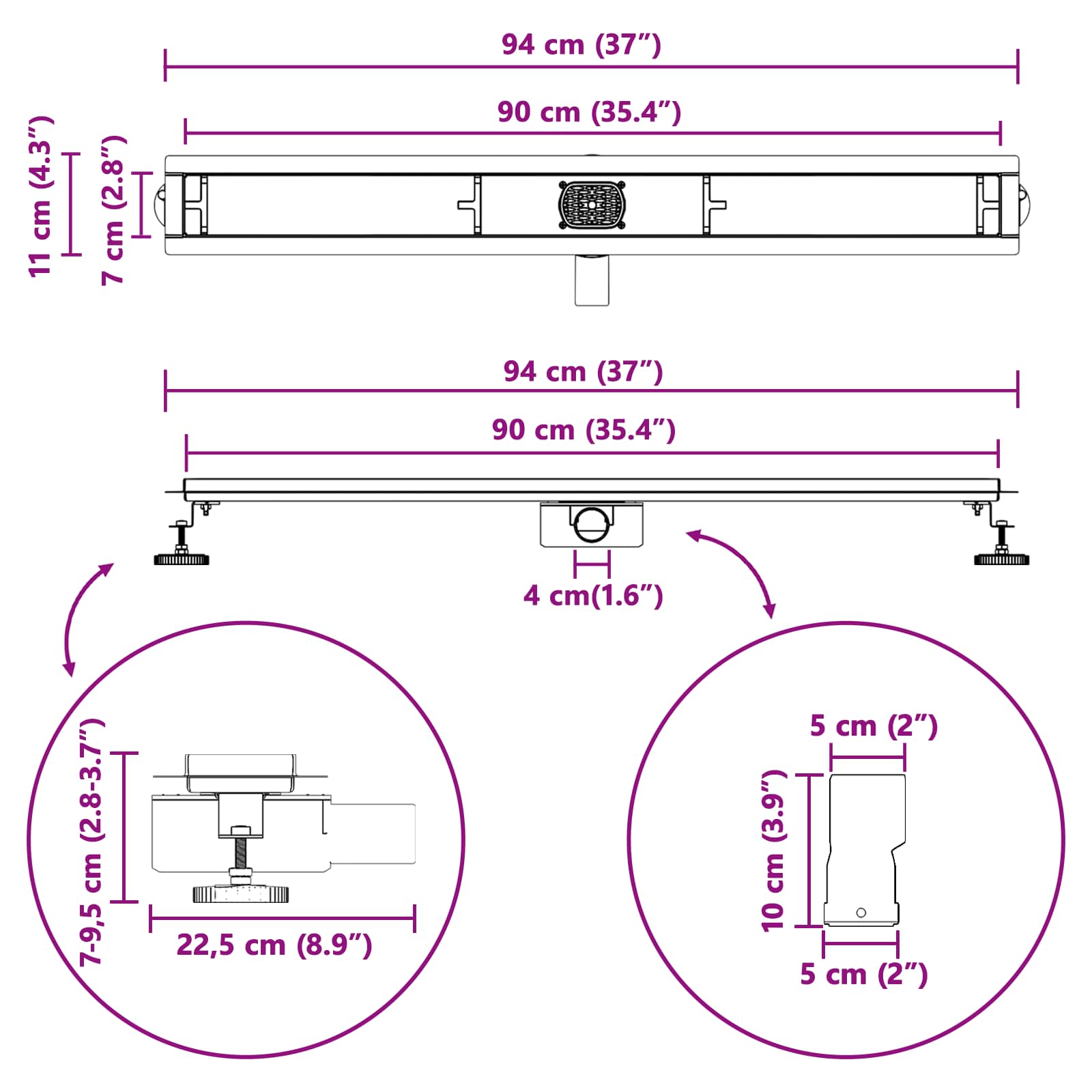 Tuš kanal 2-u-1 sa 360° sifonom Srebrno 90 cm