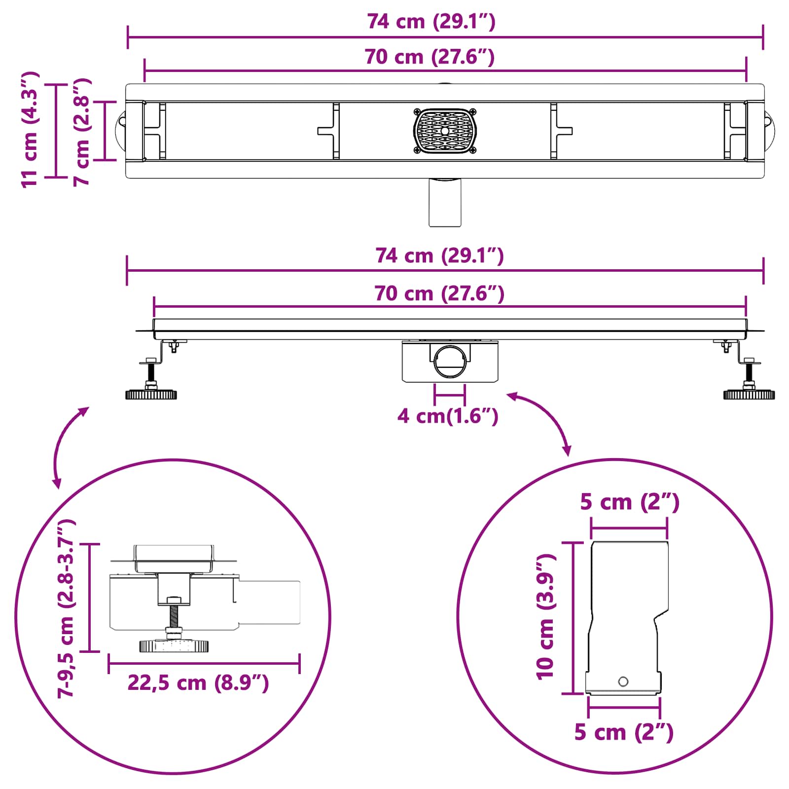 Tuš kanal 2-u-1 sa 360° sifonom Crna 70 cm Nehrđajući čelik 304