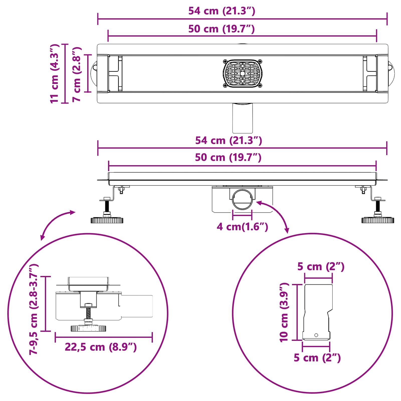 Tuš kanal 2-u-1 sa 360° sifonom Srebrno 54 x 11 x 9,5 cm