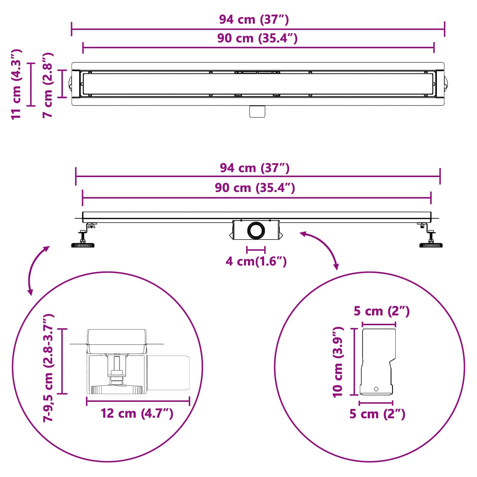2 u 1 odvod za tuš Srebrno 90 cm Nehrđajući čelik 304