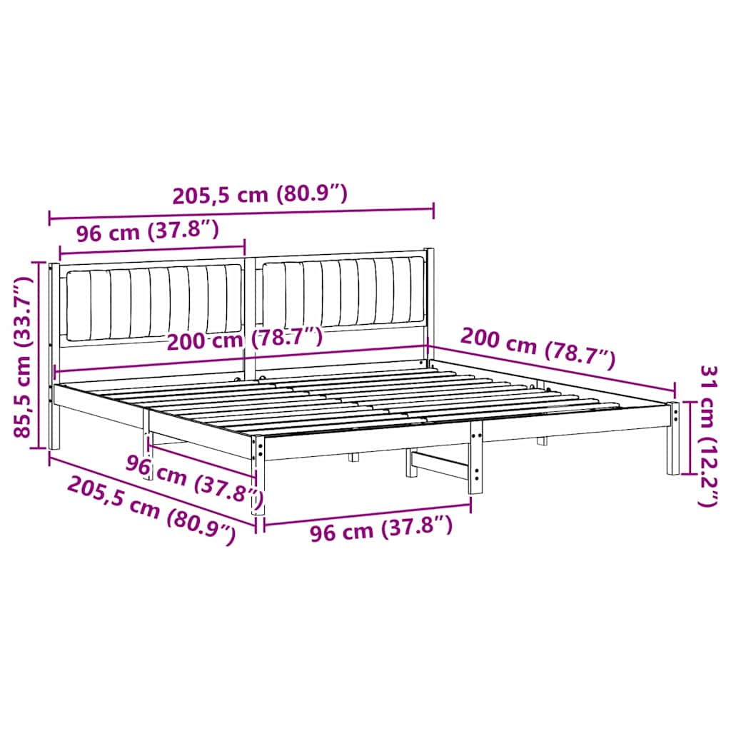 Krevetna konstrukcija Crna 200 x 200 cm Čvrsto borovo drvo