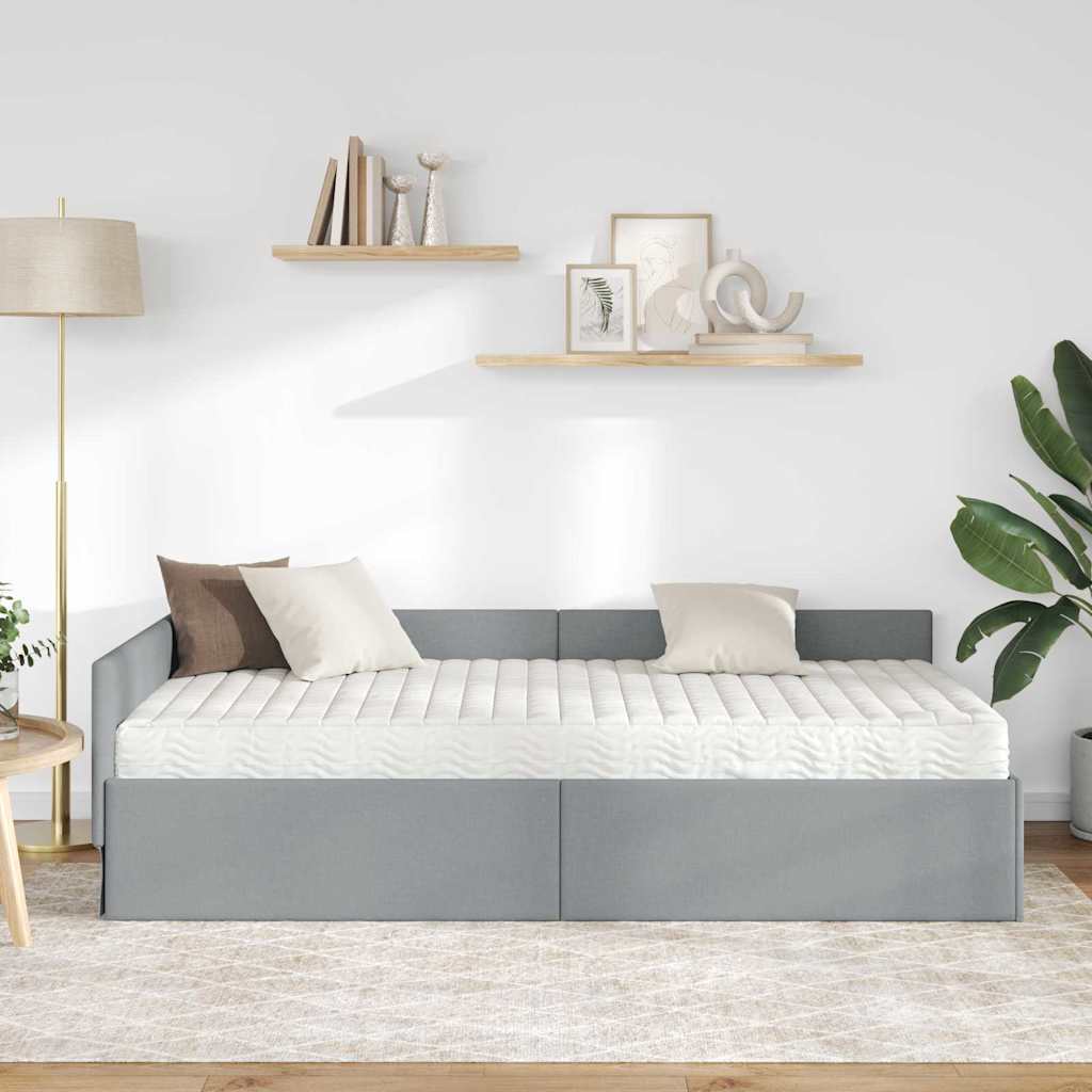 Kutni krevetni okvir s madracem 2 pcs Svijetlo siva tkanina
