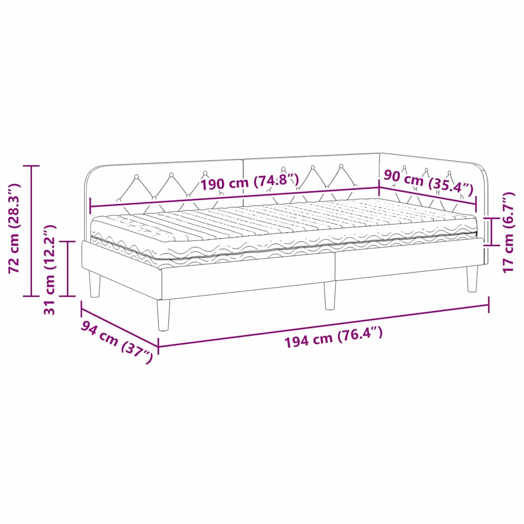 Kutni okvir kreveta Crna 90 x 190 cm Baršun