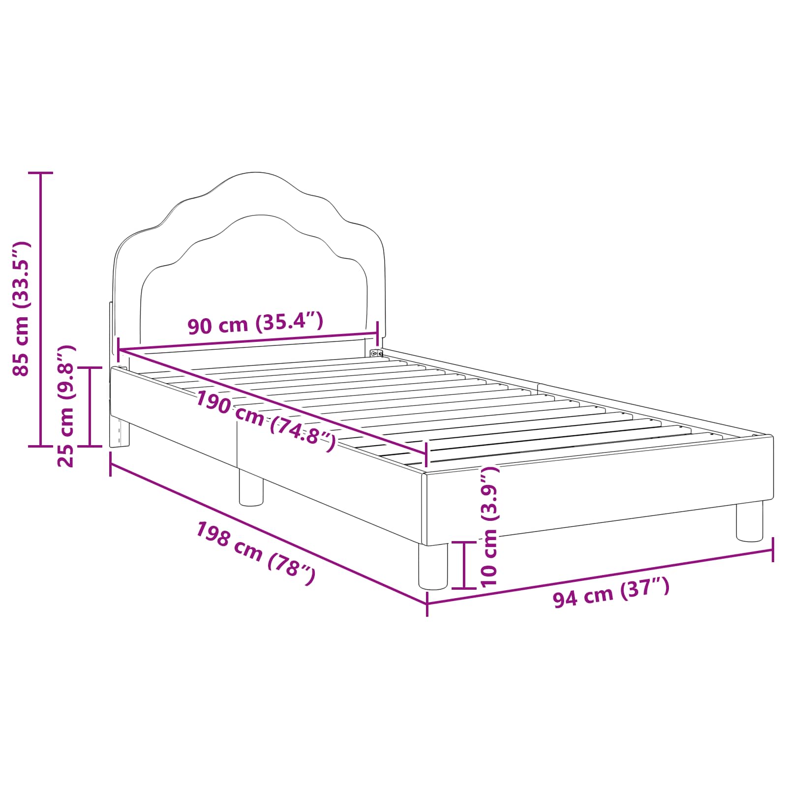 Krevet za djecu s uzglavljem Crna 90 x 190 cm Baršun
