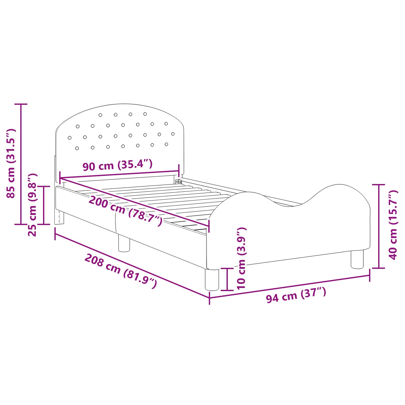 Krevet za djecu s uzglavljem Crna 90 x 200 cm Baršun