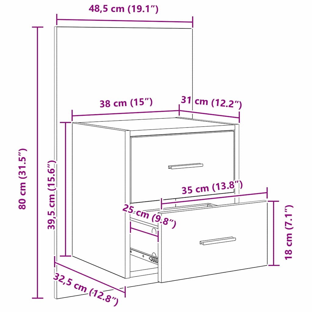 Wall-mounted noćni ormarić 2 pcs Crni hrast 48,5 x 32,5 x 80 cm