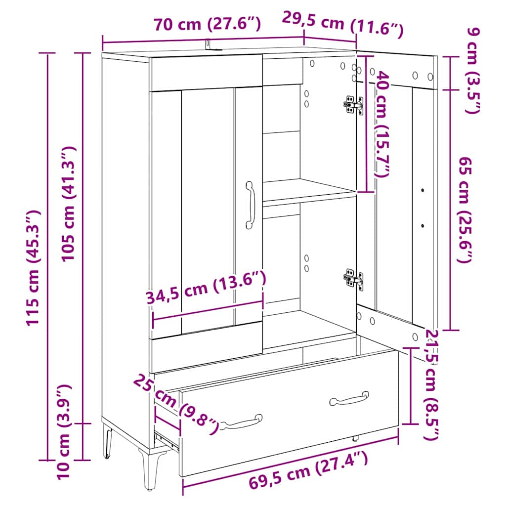 Highboard Crni hrast 70 x 31 x 115 cm Obrađeno drvo i čelik