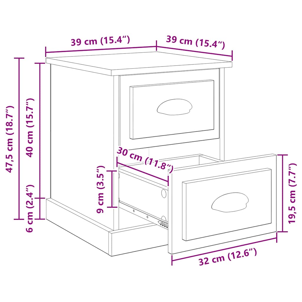 Noćni ormar s ladicama 2 pcs Crni hrast 39 x 39 x 47.5 cm