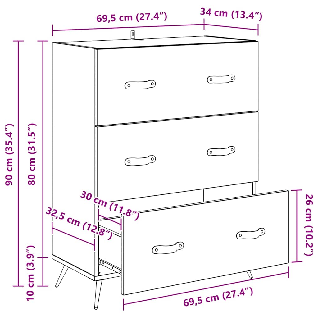 Komoda Crni Hrast 69,5 x 34 x 90 cm Konstrukcijsko drvo