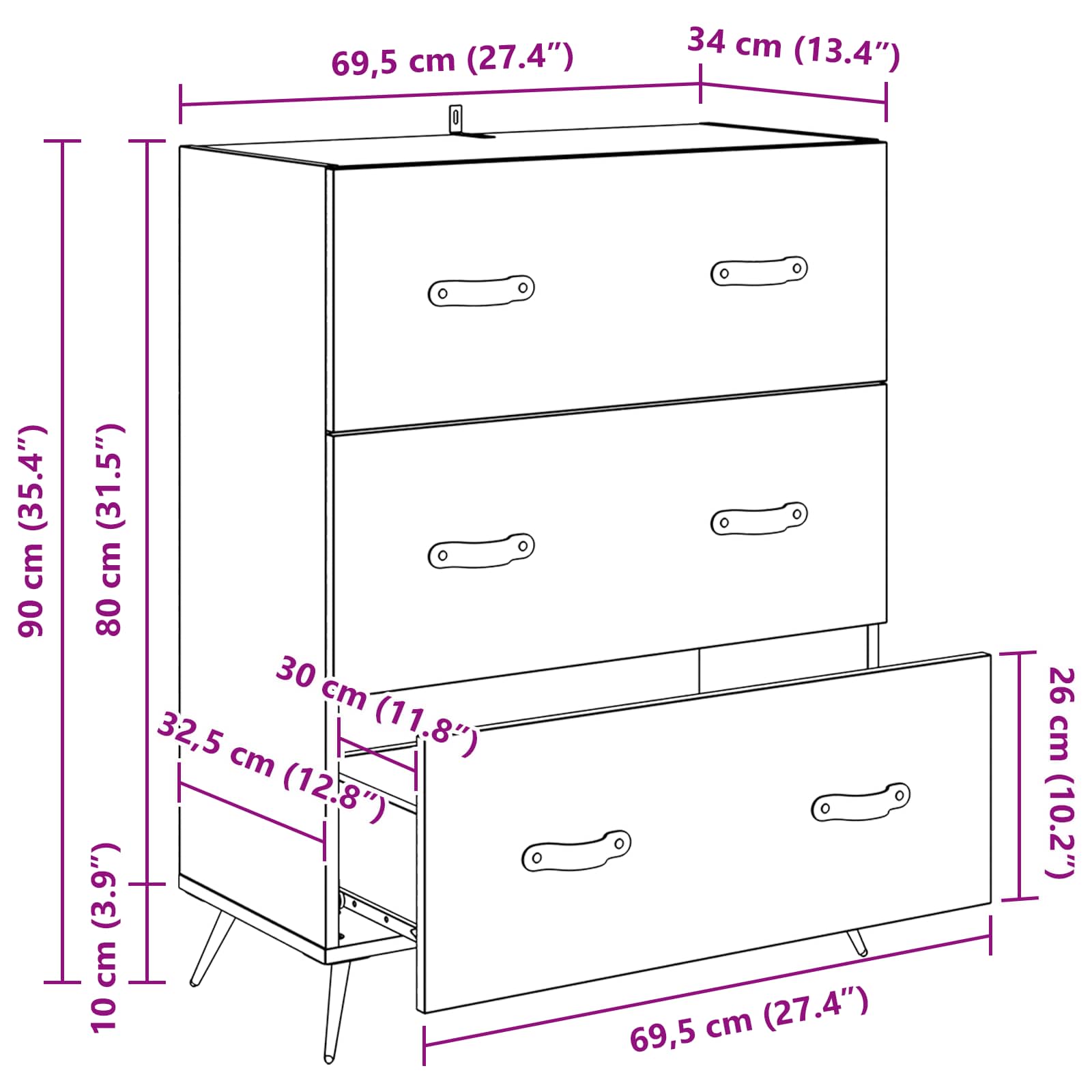 Komoda Crni Hrast 69,5 x 34 x 90 cm Konstrukcijsko drvo