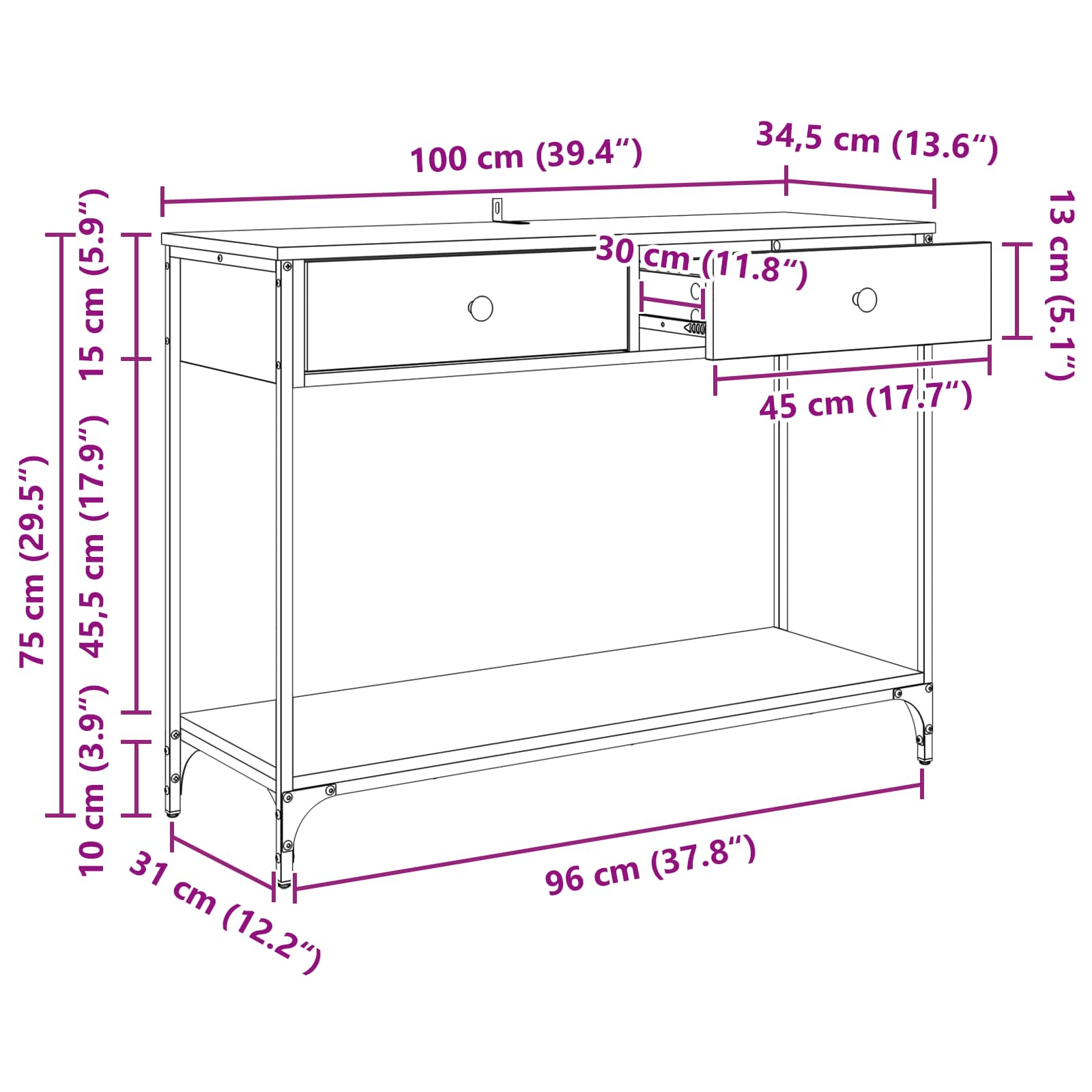 Konzolna stolica s ladicama Crni hrast 100 x 34,5 x 75 cm