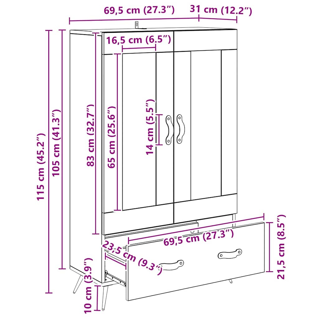 Highboard s ladicama Umjetnički hrast 69,5 x 31 x 115 cm