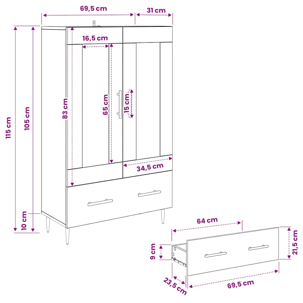 Highboard s ladicama Crni hrast 69,5 x 31 x 115 cm