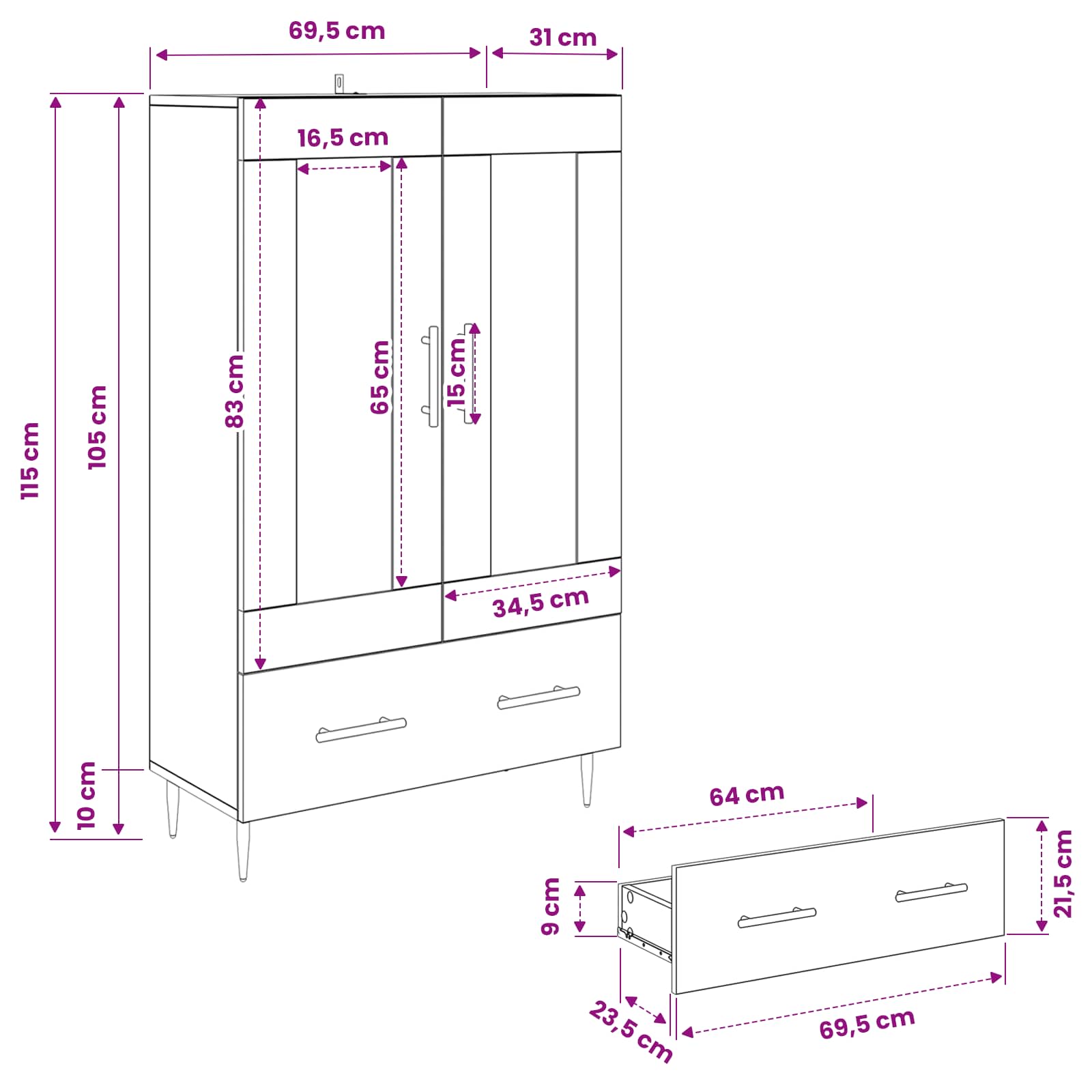 Highboard s ladicama Crni hrast 69,5 x 31 x 115 cm